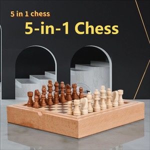 Juego de mesa superior y versátil 5 en 1 con estuche de madera de haya que incluye ajedrez, damas y palitos para jugar en interiores. - Product Image 2