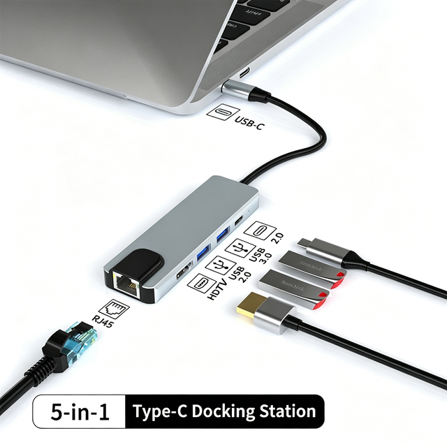 High Quality 5 in 1 Type C Aluminum Alloy Multiport Hub RJ45 Ethernet Lan Adapter HDTV 4K 100M Docking Station in Stock