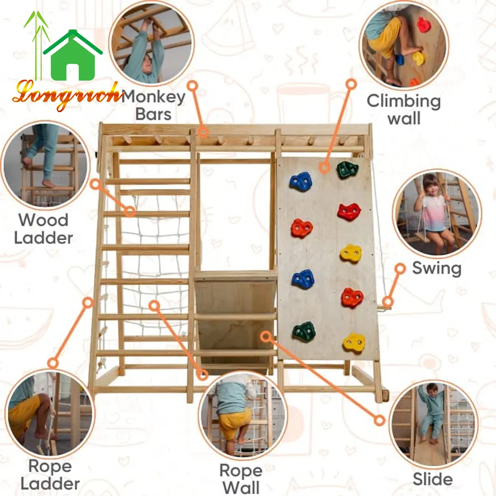 Escada de madeira para crianças, escada de escalada para atividades ao ar livre e interior, escada com rampa e balanço