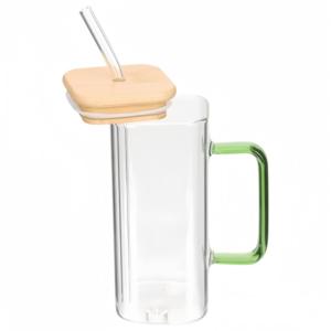 Vetro di grande capacità con paglia e maniglia chiara tazza di vetro di forma quadrata con coperchi di bambù - Product Image 4