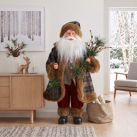 Figura de Papá Noel de Tweed con Diseño de Espiga Marrón de 90 cm con Ramo de Pino para Decoración Navideña de Cabañas