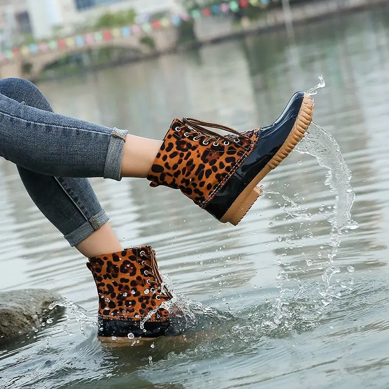 Winter Black Leopard Ankle Boots Shoes Woman Duck Rain Boots Ladies