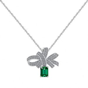 Dylam Sparkling Women Fine Jewelry <b>Dress</b> up S925 Silver Rhodium Plated Link Chain <b>Emerald</b> Zirconia Bow Knot Pendant Necklace - Product Image 1