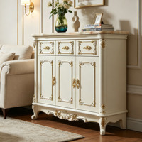 Buffet en bois sculpté européen blanc avec dessus en marbre, meuble de rangement vintage pour salon, vente en gros