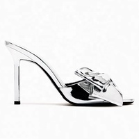 Nouvel été argent métallique arc décoré pantoufles à talons hauts bout ouvert Grandes tailles 46 sandales à talons hauts pour femmes et dames