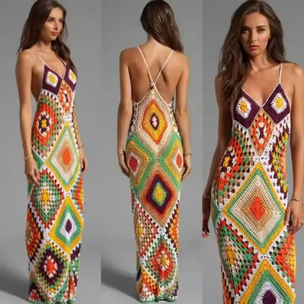 Facebook Trending Clothing Hand Crochet Sleeveless Sling Sexy Bodycon Long Dresses Women