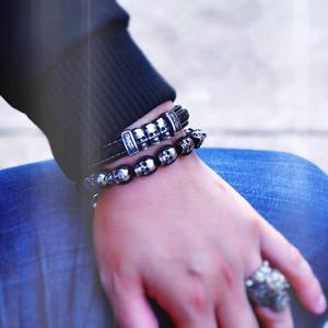 Edgy Retro Punk Skull Genuine <b>Leather</b> Adjustable <b>Bracelet</b> for Men 316L Stainless Steel Hypoallergenic Unisex Fashion Jewelry - Product Image 4