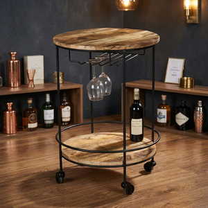Rustic Round <b>Bar</b> Cart With Wood Top And Metal Frame Two Tier Rolling Wine <b>Trolley</b> With Glass Holder For Home <b>Bar</b> - Product Image 2