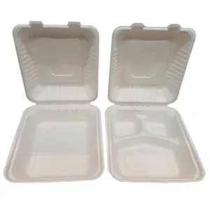 Take Out Sugarcane Bagasse Lunch Box Custom Compostable Clamshell 1 2 3 4 5 6 Compartment Biodegradable Bagasse Food Container