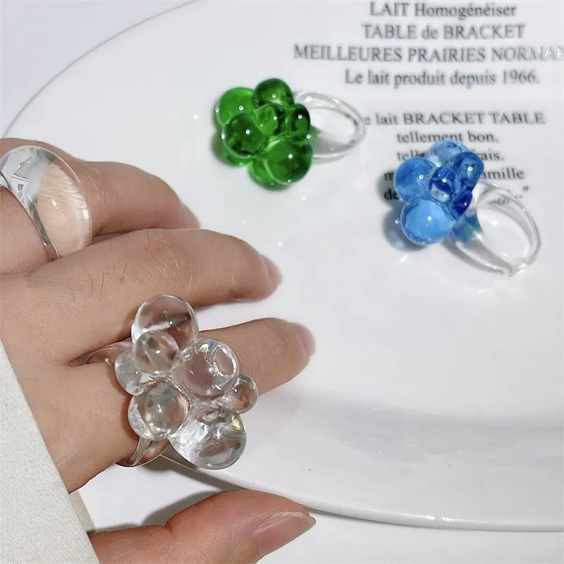 2022 새로운 다채로운 투명 구슬 꽃 수지 아크릴 반지 기하학적 과장 반지 여자 보석