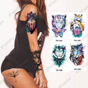 Hermosos dibujos de arte corporal Sexy Tigre <span class=keywords><strong>animales</strong></span> transferencia de agua mangas de brazo pierna pecho temporal tatuaje negro flores para mujeres - Product Image 1