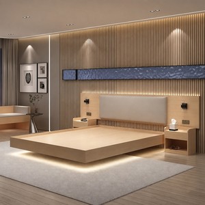 Juego de Muebles Modernos para Hotel o B&B con Cama Matrimonial, Cabecera Tapizada, Panel de Madera Cálida para TV, <span class=keywords><strong>Diseño</strong></span> para Apartamento - Product Image 1