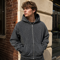 Sweat à capuche zippé personnalisé en molleton bouclette 420 GSM pour homme, 100 % coton, délavé à l'acide, strass sur toute la surface, coupe oversize, style streetwear vintage, OEM ODM