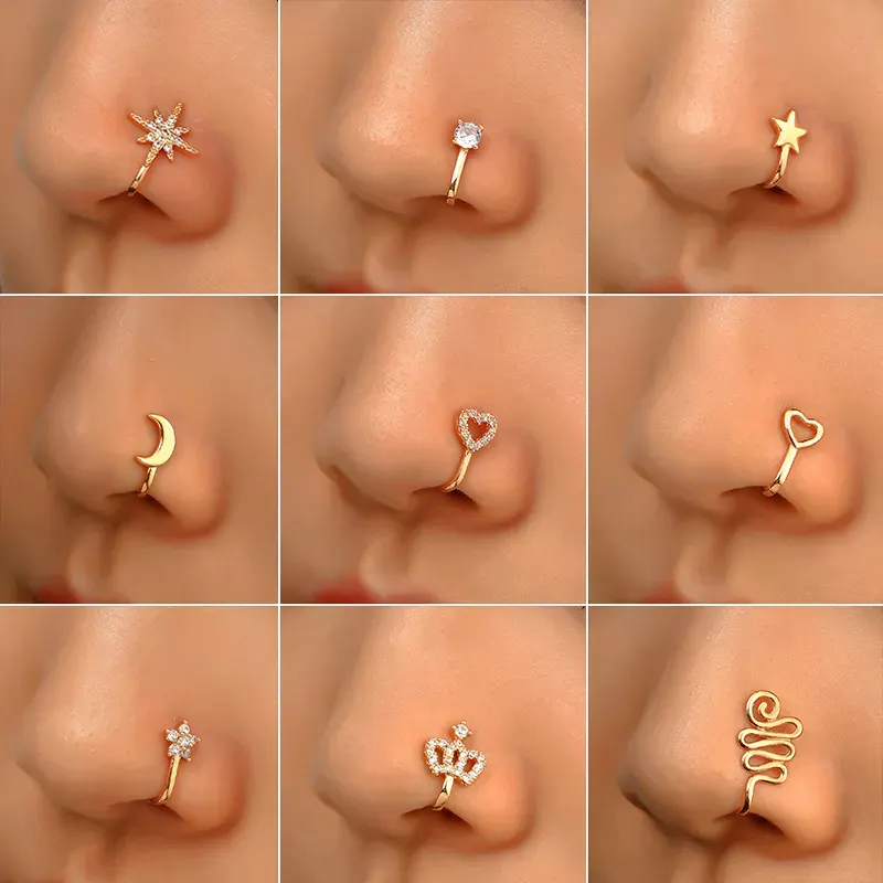 Fashion Heart Star Zircon Faux Fake Piercing Jewelry Nose Cuffs Clip On Hinged Gold Nose Rings for Women