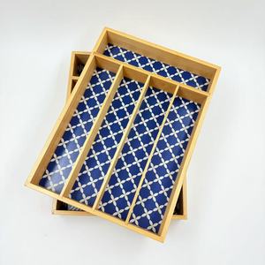 Bamboo Cutlery <b>Box</b> With Partitions Rectangular <b>Storage</b> Organizer For Kitchen Tableware <b>Drawer</b> Divider Blue Patterned Liner - Product Image 1