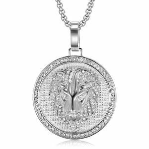 Collier pendentif tête de lion Yunnique en acier inoxydable plaqué or avec strass, bijoux de fête pour homme, design du zodiaque animal - Product Image 5