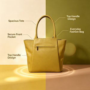 Soft Mustard Yellow Faux Leather Tote <b>Bag</b> <b>Large</b> Capacity Front <b>Zip</b> Pocket Top Handle Women Office <b>Shoulder</b> Handbag - Product Image 3