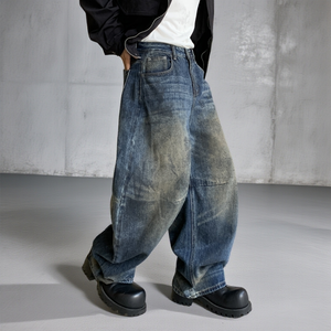 Jeans baggy sur mesure pour hommes, coupe large, en denim délavé, style workwear, design à empiècements, streetwear, style vintage - Product Image 3