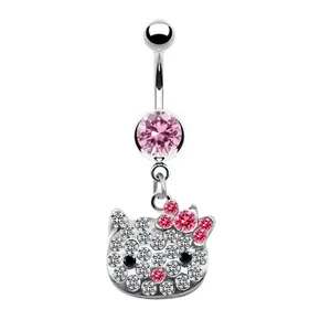 NUORO-anillo con colgante de cristal para mujer, Piercing para el ombligo de acero inoxidable con diseño de gato y gatito