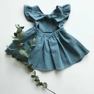 Summer Solid Toddler Baby Girl Cotton Linen Dress Ruffle Halter Sleeveless Flying Flutter Sleeve Kids Sun Dresses