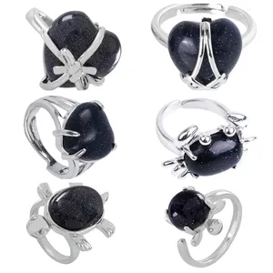 新设计时尚可调戒指珠宝多形天然黑色Syn。蓝色砂岩宝石戒指女性