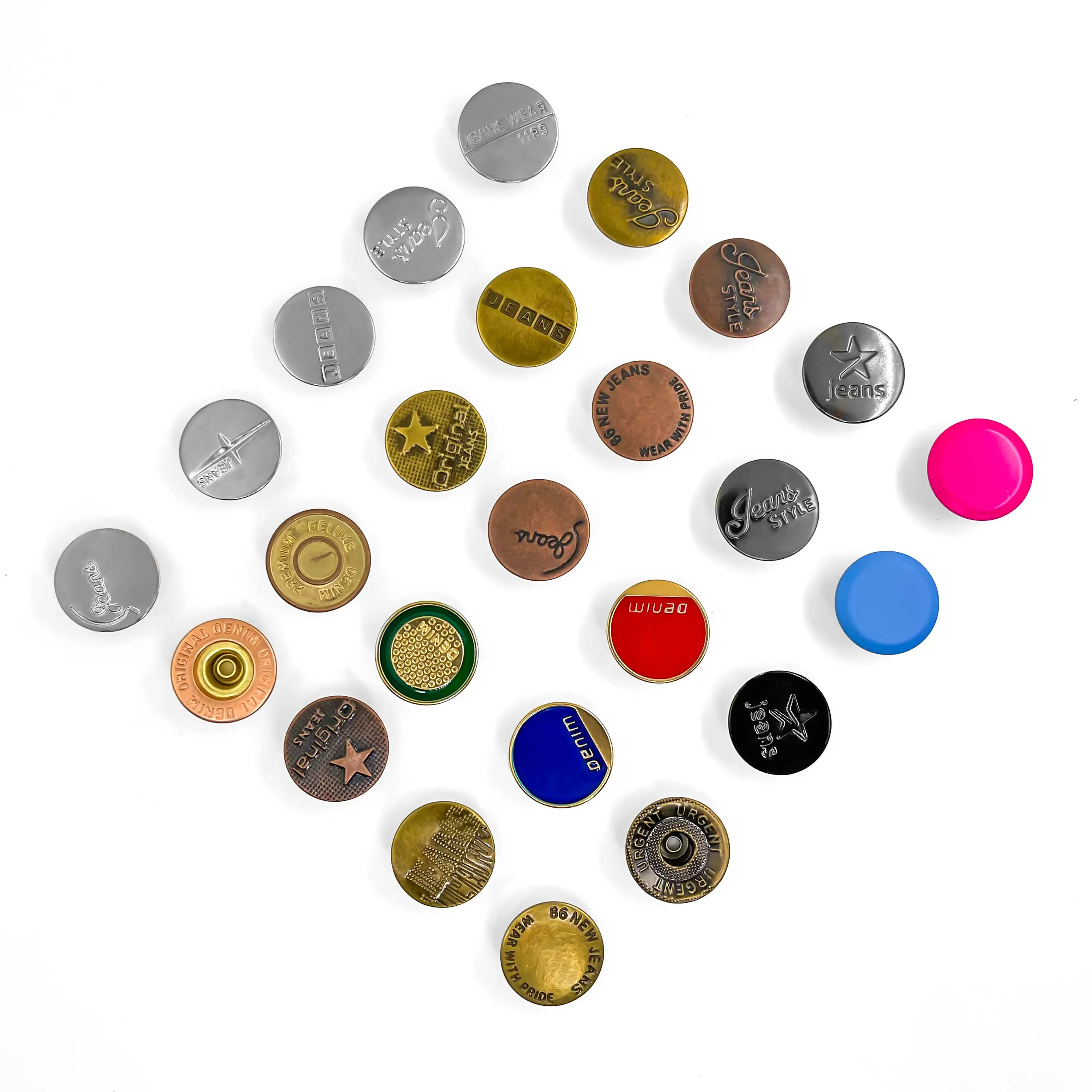ファッションブラッシュドシルバーカスタムメイドのロゴメタルジーンズボタンとデニム用リベット