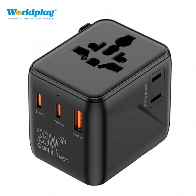 Worldplug Compact Size GaN 25W Worldwide Socket USB Travel Adaptor World International Universal Travel Charger Adapter