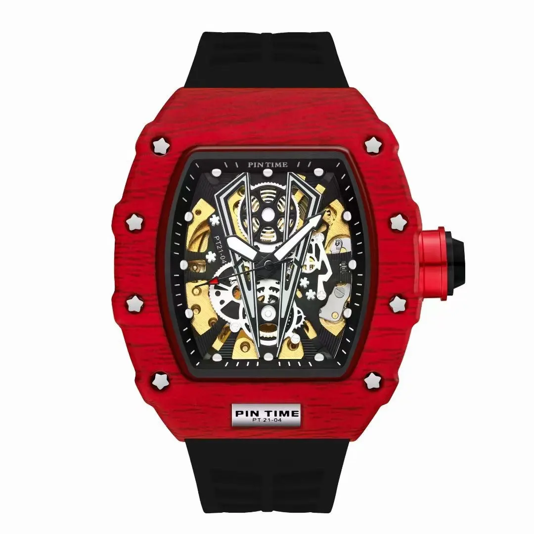 Pintime Luxus Armbanduhren Tonneau Herren Mechanische Uhren Herren Handgelenk Wasserdichte Kohle faser Skelett Automatik uhr