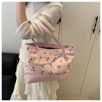 Sac fourre-tout en PU grande capacité pour femme, style coréen, motif cerises, sac à bandoulière pour usage quotidien, shopping et trajets