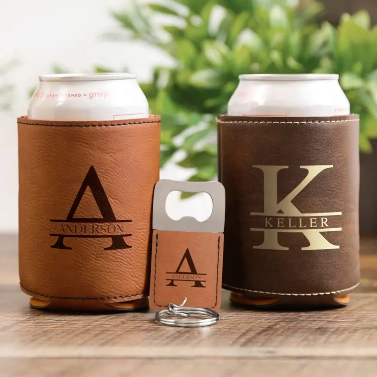 Personalized Laserable Leatherette Beer Stubby Cooler Gifts Water Bottle Holder Sleeve Leather Insulated Beverage Can Cooler