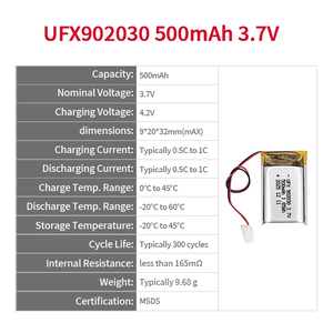 UFX 골드 공급업체 리튬 리 폴리머 배터리 <span class=keywords><strong>3</strong></span>.<span class=keywords><strong>7v</strong></span> 500mah 602030 302030 402030 502030 902030 충전식 리포 배터리 판매 중 - Product Image 2