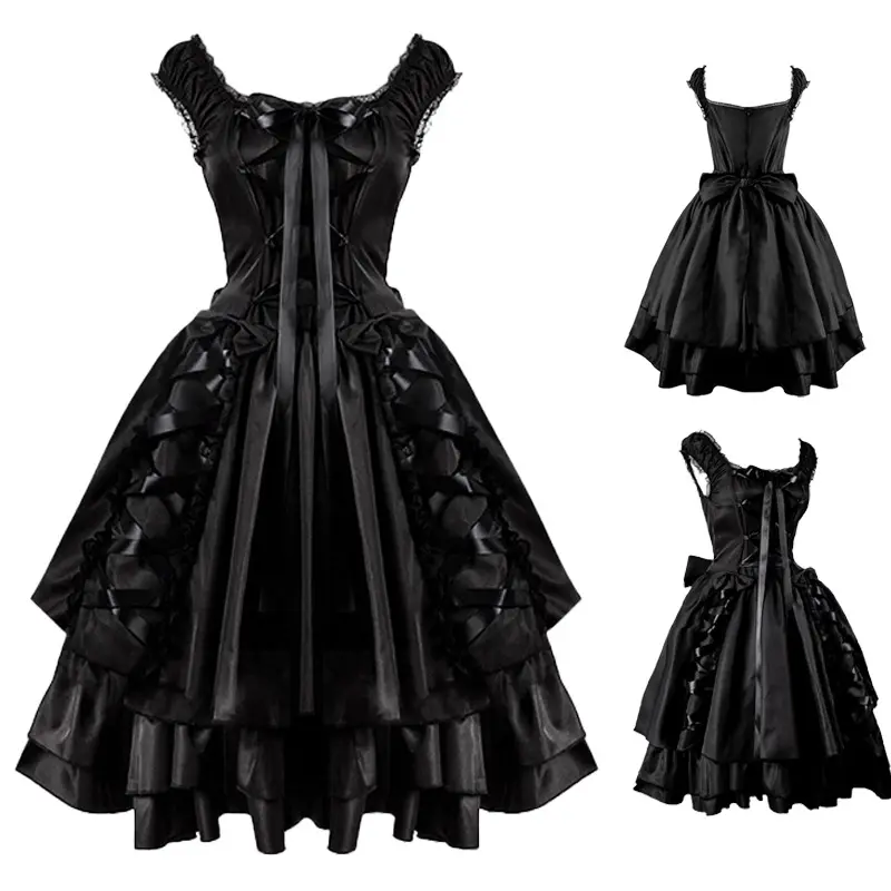 Halloween Cosplay Kostüm Spitzen kragen Frauen klassische schwarz geschichtete Schnürung Gothic Lolita Kleider dunkle Lolita