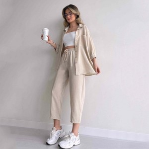 Vêtements pour femmes grandes tailles, printemps 2024, nouvelle veste chemise décontractée ample et pantalon harem sport court, ensemble deux pièces - Product Image 3