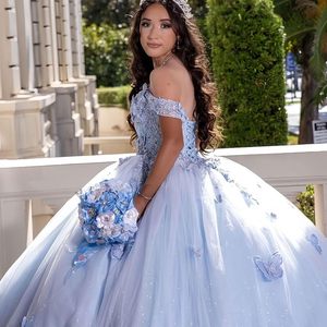 Sky Blue Off The Shoulder Ball Gown With 3D Butterfly Applique Empire Waist Chiffon Evening Dress For Adults - Product Image 3