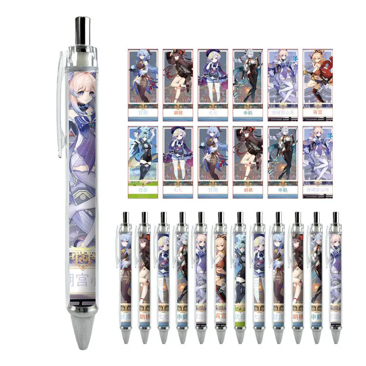 Conjunto de canetas esferográficas anime desenho animado Genshin Demon Slayer Jujutsu Kaisen Haikyuu com 56 estilos, 12 unidades