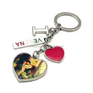 Cheap price metal keychains custom couple I love Italia double sided heart shaped photo keyring