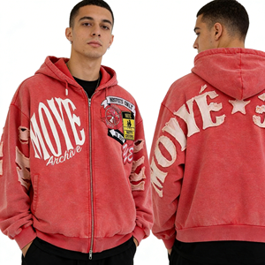 Felpa con Cappuccio da Uomo Corta Vintage con <span class=keywords><strong>Zip</strong></span> Personalizzata dal Produttore, Lavaggio Acido Effetto Usurato, Ricamo, Patch Applique Pietra, 500gsm, Tessuto Pesante - Product Image 5