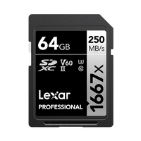 Carte SD Lexar 1667X 256G Carte mémoire professionnelle 64G 128G SDXC U3 Max 250m/s Plastique pour appareil photo numérique 4K
