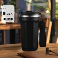 Mug à café isotherme à double paroi de 380 ml en acier inoxydable 304, gobelet portable à couvercle rabattable, gourde réutilisable avec cordon de transport