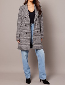 Manteau décontracté noir à carreaux, double boutonnage, en tricot, mélange polyester et laine, manches longues, anti-plis, coupe-vent - Product Image 3