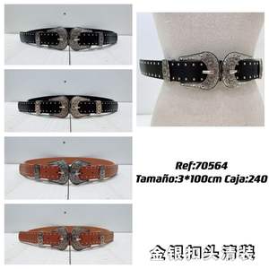 Cinturón de Doble Hebilla de Cuero Genuino 3x100cm con Herrajes Plateados Estilo Western - Product Image 3