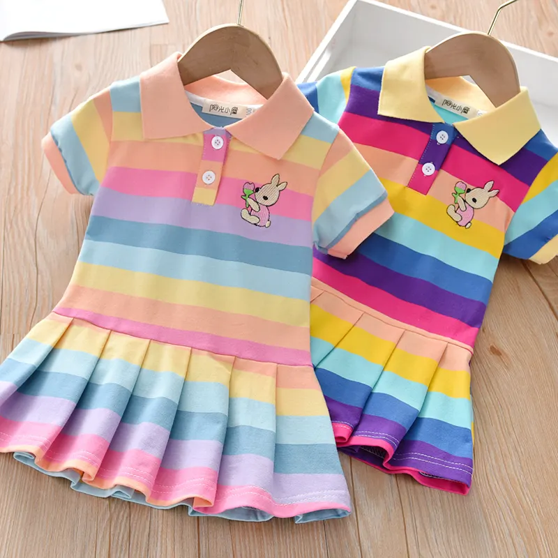 Girls' Summer Dress Girls' Cotton Stripe Casual Dress Fashion Children's Short Sleeve Rainbow Stripe Princess Skirt