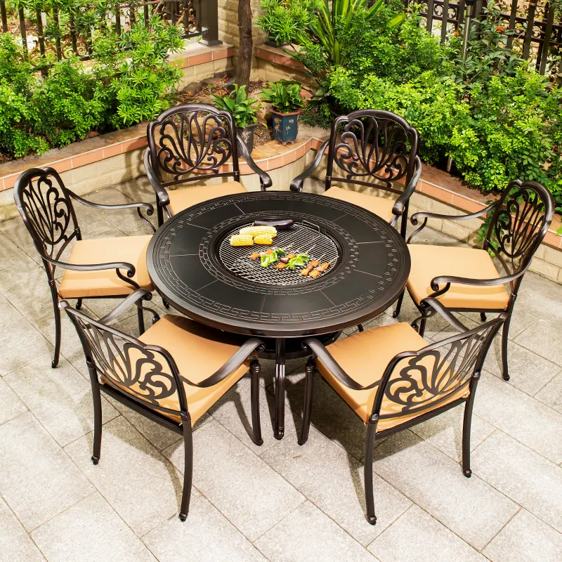 Outdoor Garden Patio Furniture with fire pit Courtyard aluminum 6 Seat Round Table chairs Waterproof garden BBQ Table sets