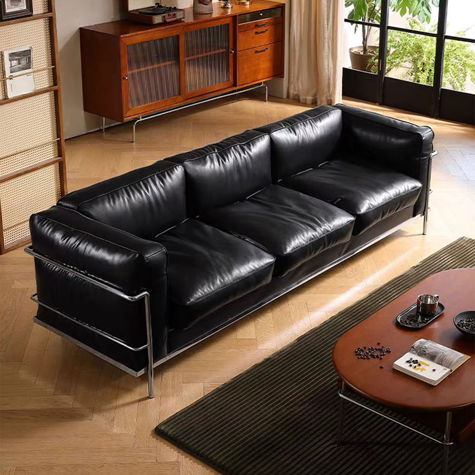 Italian Row Models Italian Designer Retro Waxed Leather Straight-Row Sofa Minimalist Top ...