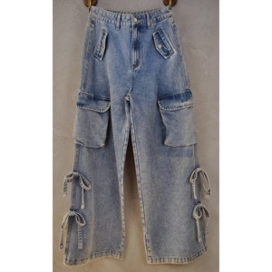 Jeans pour femmes à jambes larges, coupe droite, <span class=keywords><strong>taille</strong></span> <span class=keywords><strong>basse</strong></span>, style rétro, style streetwear, multi-poches, lavés, avec décorations en nœuds - Product Image 1