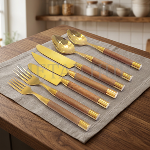 Ensemble de couverts de luxe en acier inoxydable doré avec manche en bois et pointe dorée – Vaisselle haut de gamme pour restaurants, hôtels et mariages - Product Image 6