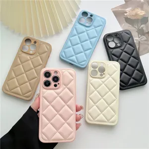 Custodia protettiva per fotocamera reticolo in pelle di lusso per iPhone 15 11 12 13 14 Pro Max Plus Cover antiurto in Silicone morbido