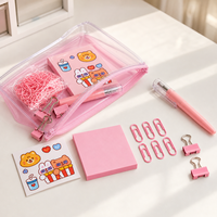 Ensemble de papeterie rose Kawaii, kit de fournitures scolaires avec stylo gel, notes adhésives, clips à papier, clips de reliure, feuille d'autocollants, pochette en PVC