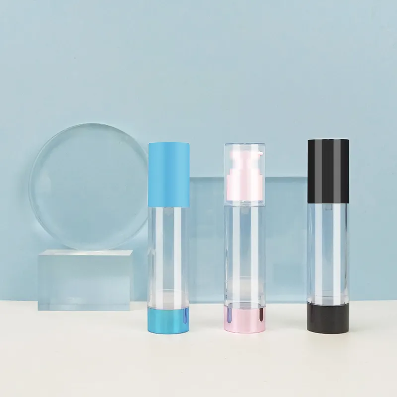 OEM Printing 15ml 30ml 50ml AS PP blue pink black Cap Round Clear White Plastic 30ml Airless Pump Bottle Container For Cream