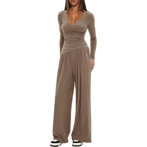 Women's Solid Color 2-Piece Casual Set: V-Neck Long-Sleeve Top with Wide-Leg <strong>Pants</strong> Paired with Athletic Set - Product Image 1